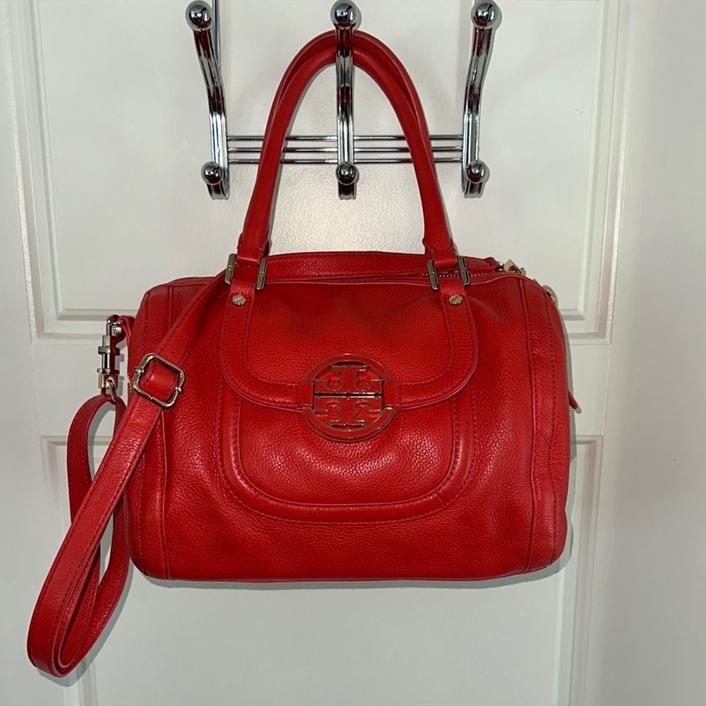 Tory Burch Red Leather Satchel with Structured Design
